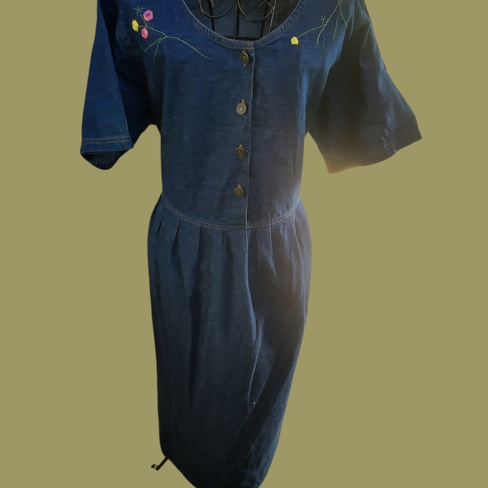 Embroidered Blue Button-Up Dress